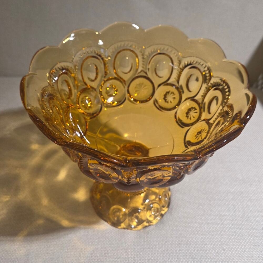 Vintage LE Smith Amber Moon & Stars Flared Pedestal Bowl 7.5”x7”